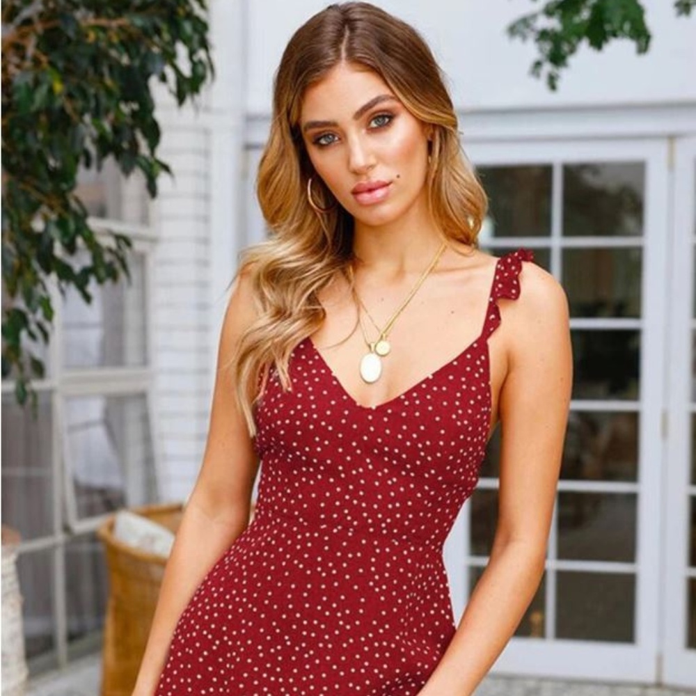 LAST ONE! Red & White Polka Dot Chiffon Mini Dress - Picture 2 of 8